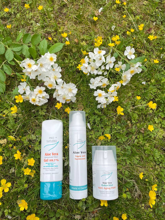 1 x Pro Natures Aloe Vera Gel 99,7% , 1x Pro Natures Tages und Nachtcreme und 1x Pro Natures Bakuchiol Anti Aging Fluid ein Angebot fpr 54 Euro alle Drei Produkte zusammen
